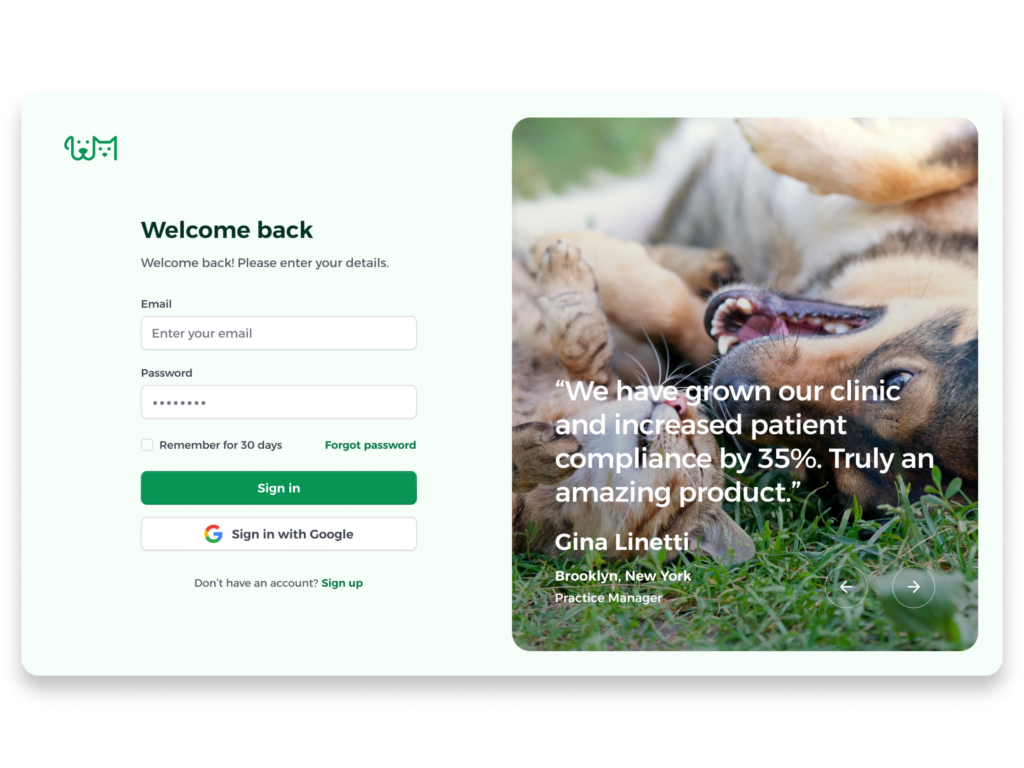 Pet care login screen