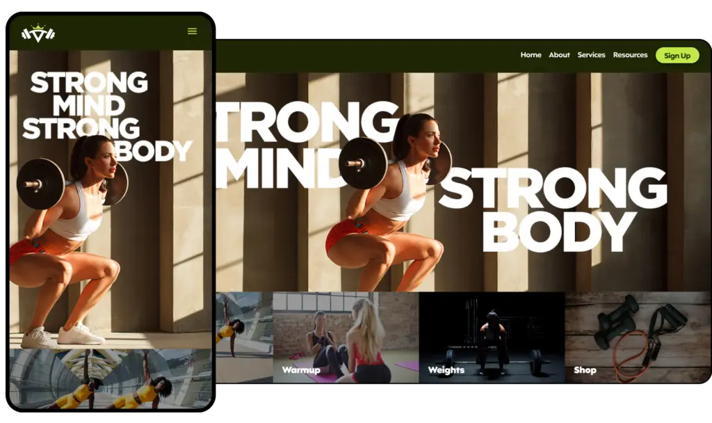 A fitness lifestyle web design shown on a mobile and large viewport